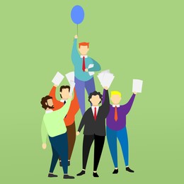 Illustration of Competition concept. Office worker and one with balloon rising on light green background. Illustration