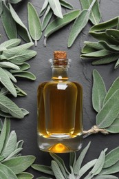 Photo of Bottle of essential sage oil and leaves on black table, flat lay
