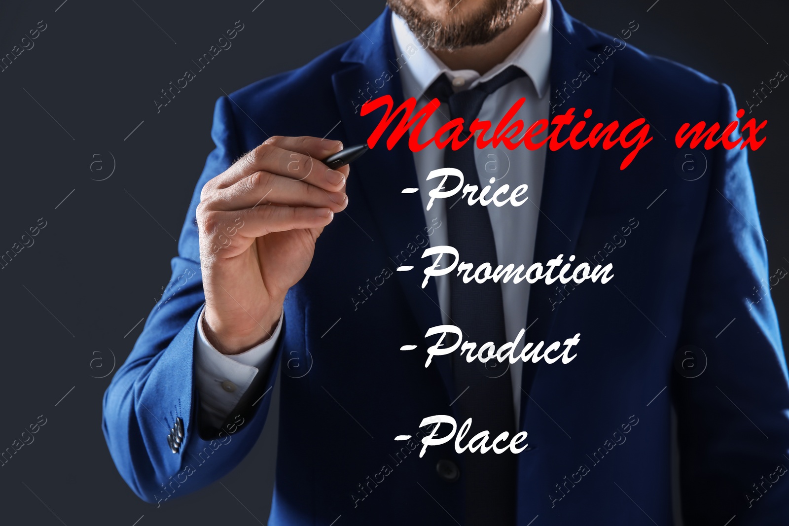 Image of Marketing mix concept. Businessman demonstrating 4P principles, closeup 