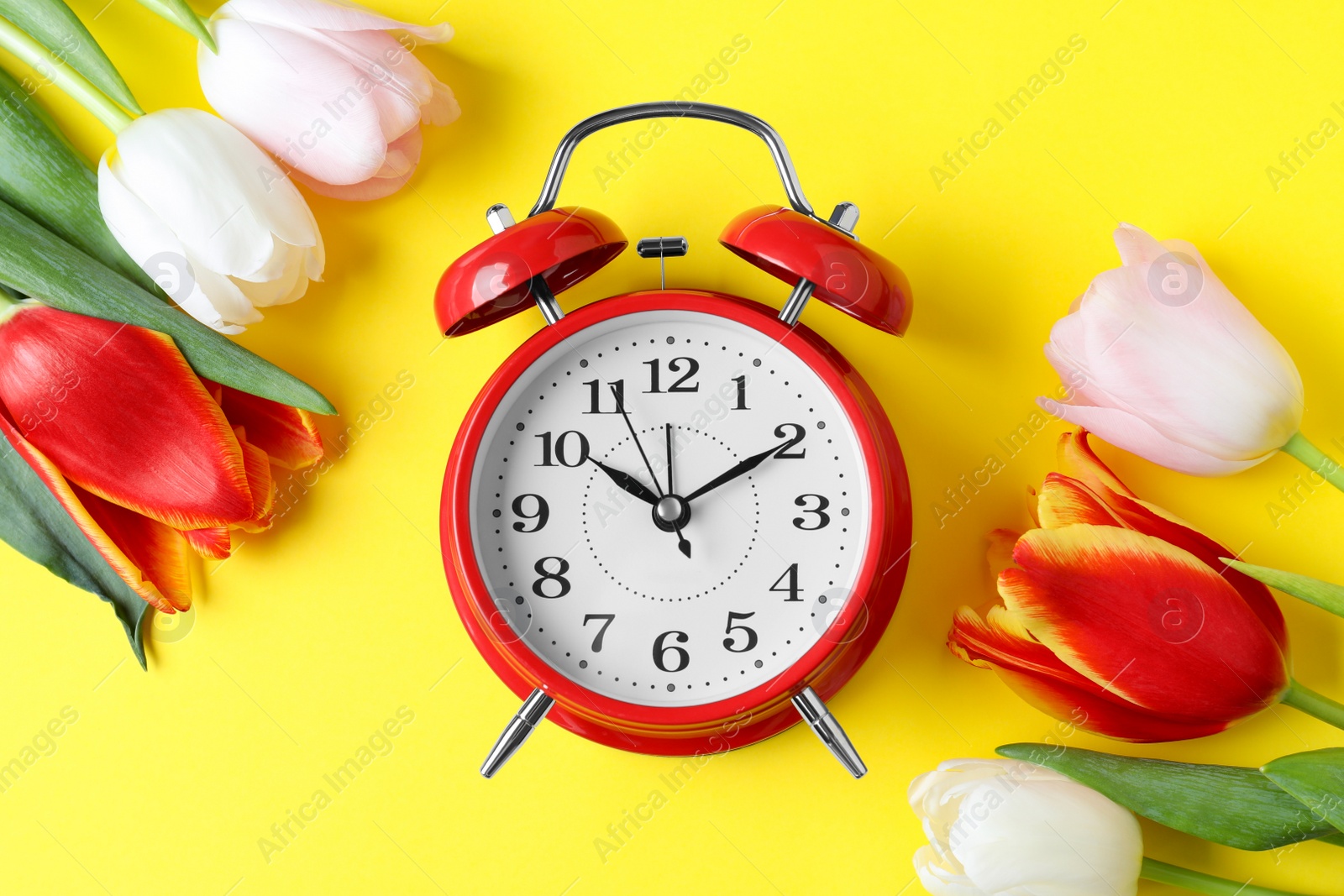 Photo of Red alarm clock and spring flowers on yellow background, flat lay. Time change