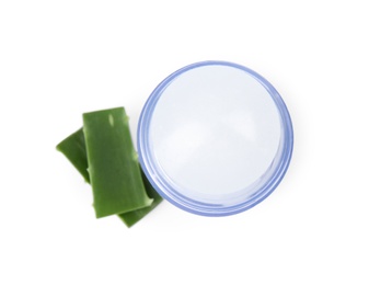 Photo of Natural crystal alum deodorant and fresh aloe on white background, top view