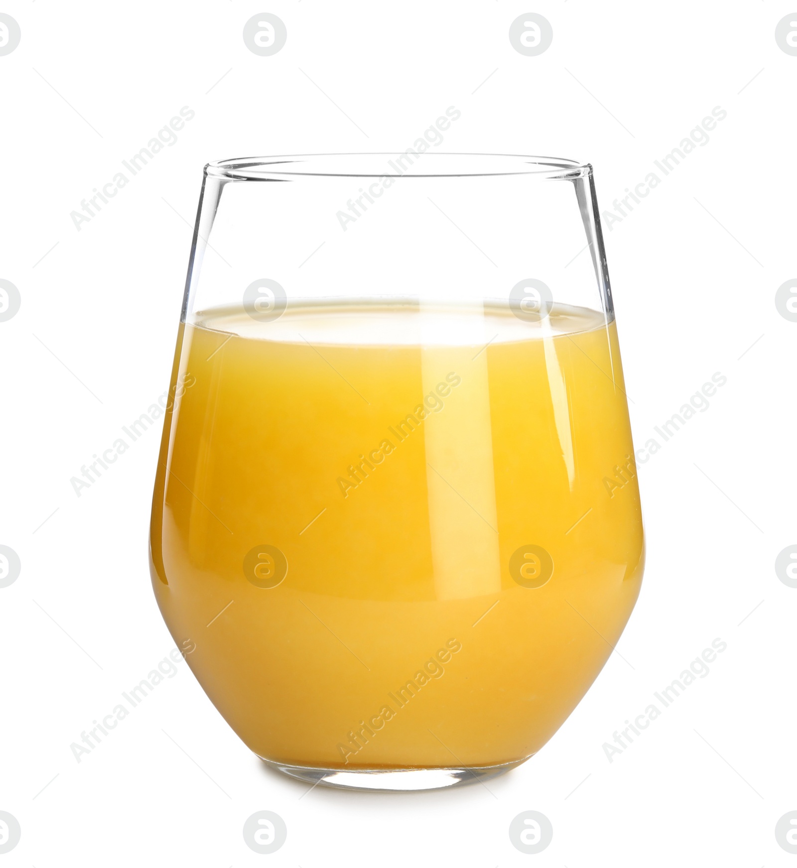 Photo of Glass of orange juice on white background