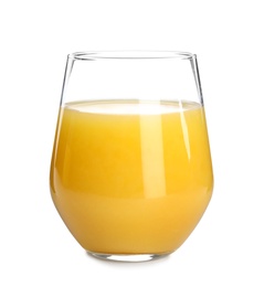 Photo of Glass of orange juice on white background