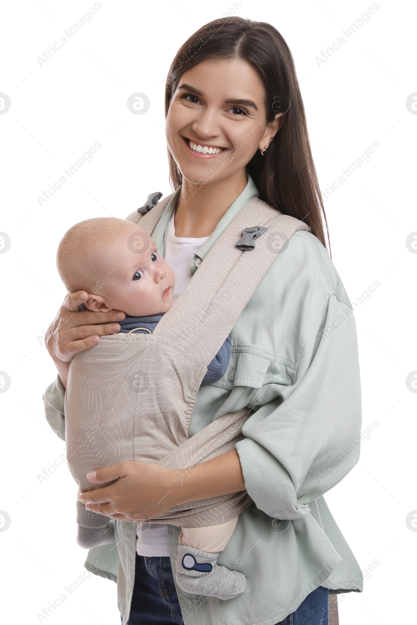 Photo of Mother holding her child in baby carrier on white background