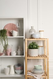 Photo of Different clean dishware and houseplants on shelves in cabinet indoors