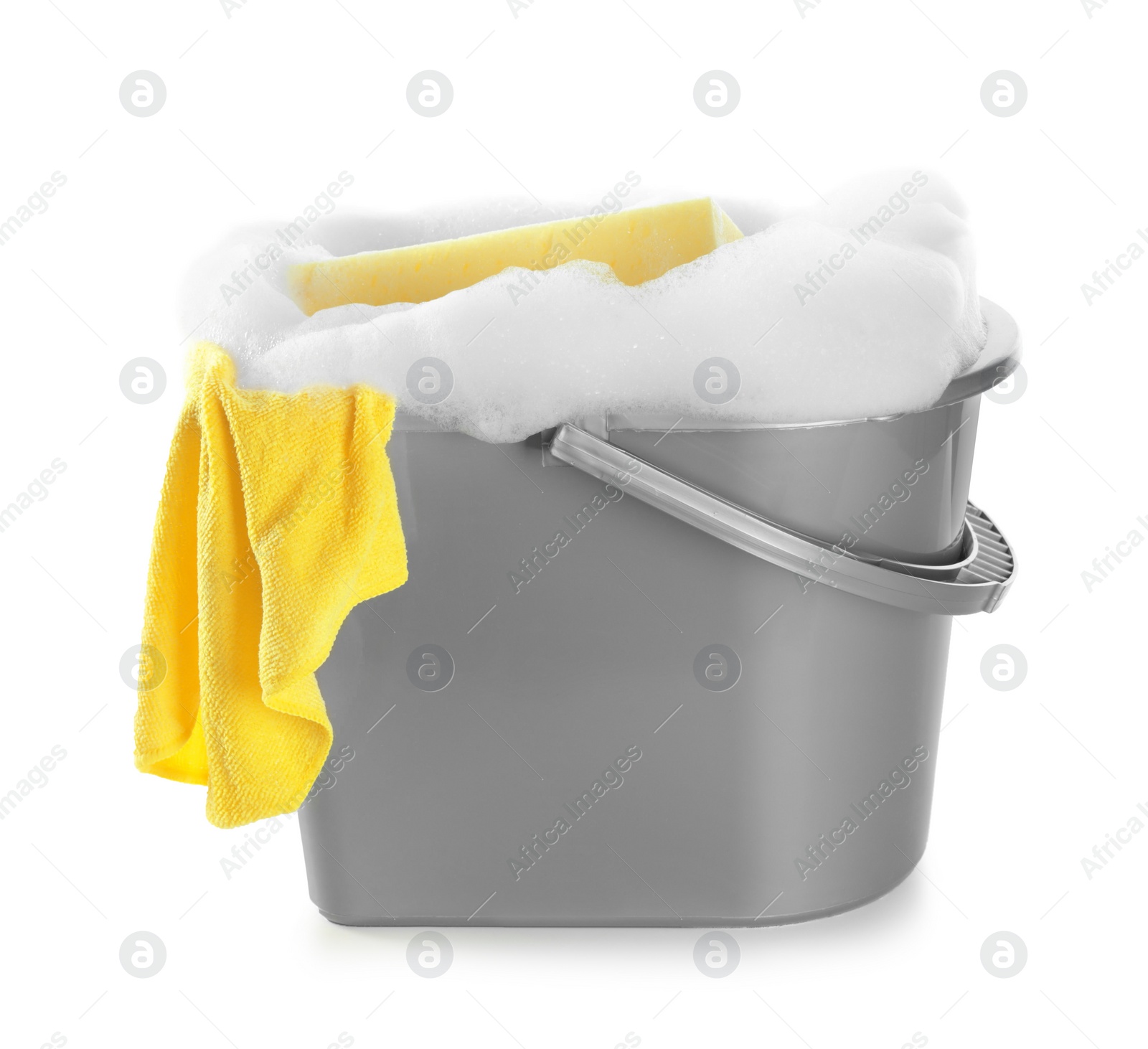 Photo of Plastic bucket with foam and sponge on white background. Cleaning supplies