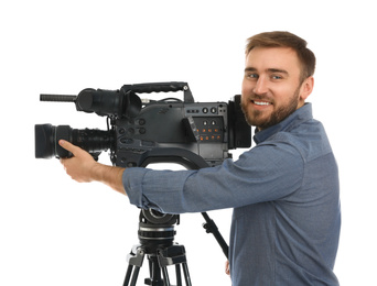 Photo of Operator with professional video camera on white background