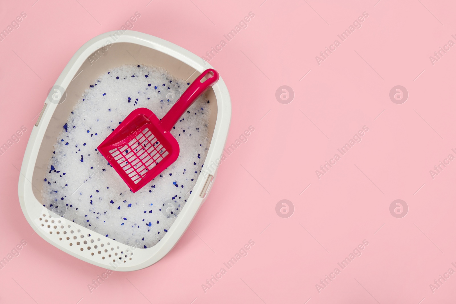 Photo of Cat litter tray with filler and scoop on pink background, top view. Space for text