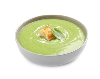 Tasty homemade zucchini cream soup isolated on white
