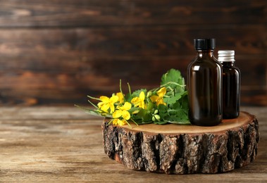 Photo of Bottles of celandine tincture and plant on wooden table, space or text