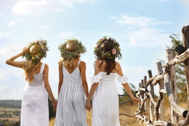 Photo of Young women wearing wreaths made of beautiful flowers outdoors on sunny day, back view