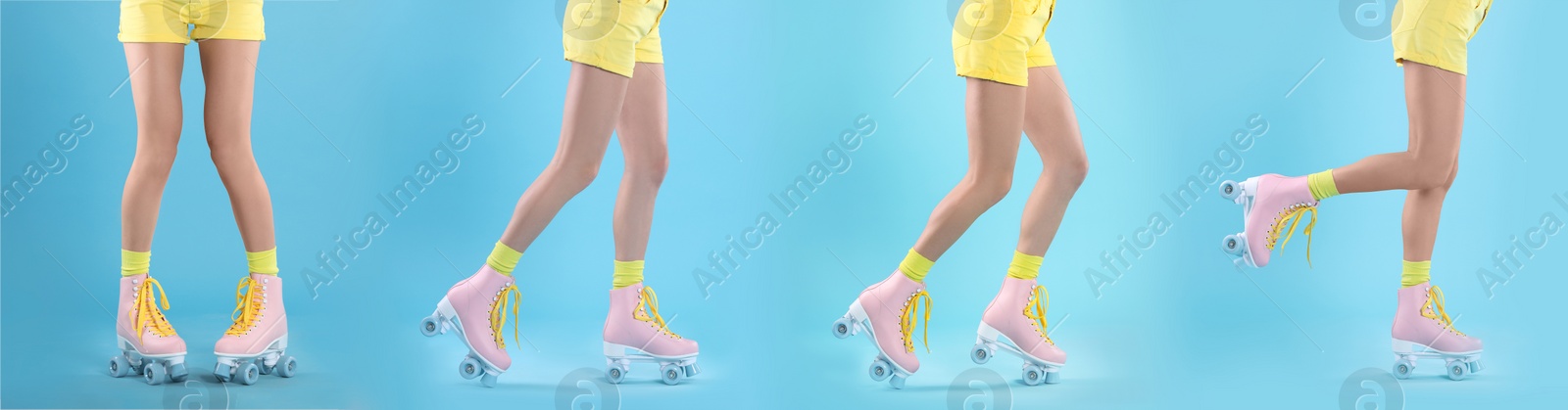 Image of Photos of woman with retro roller skates on light blue background, closeup. Collage banner design