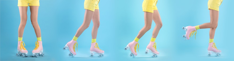Image of Photos of woman with retro roller skates on light blue background, closeup. Collage banner design