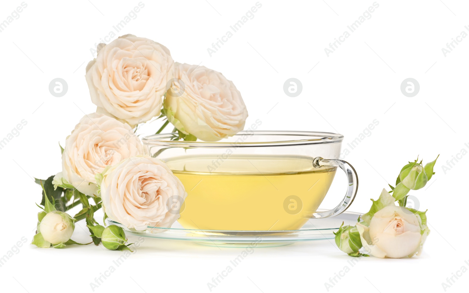 Photo of Aromatic herbal tea in glass cup and roses isolated on white