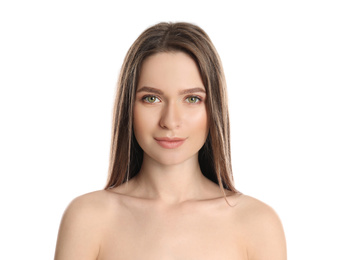 Portrait of young woman with beautiful face on white background