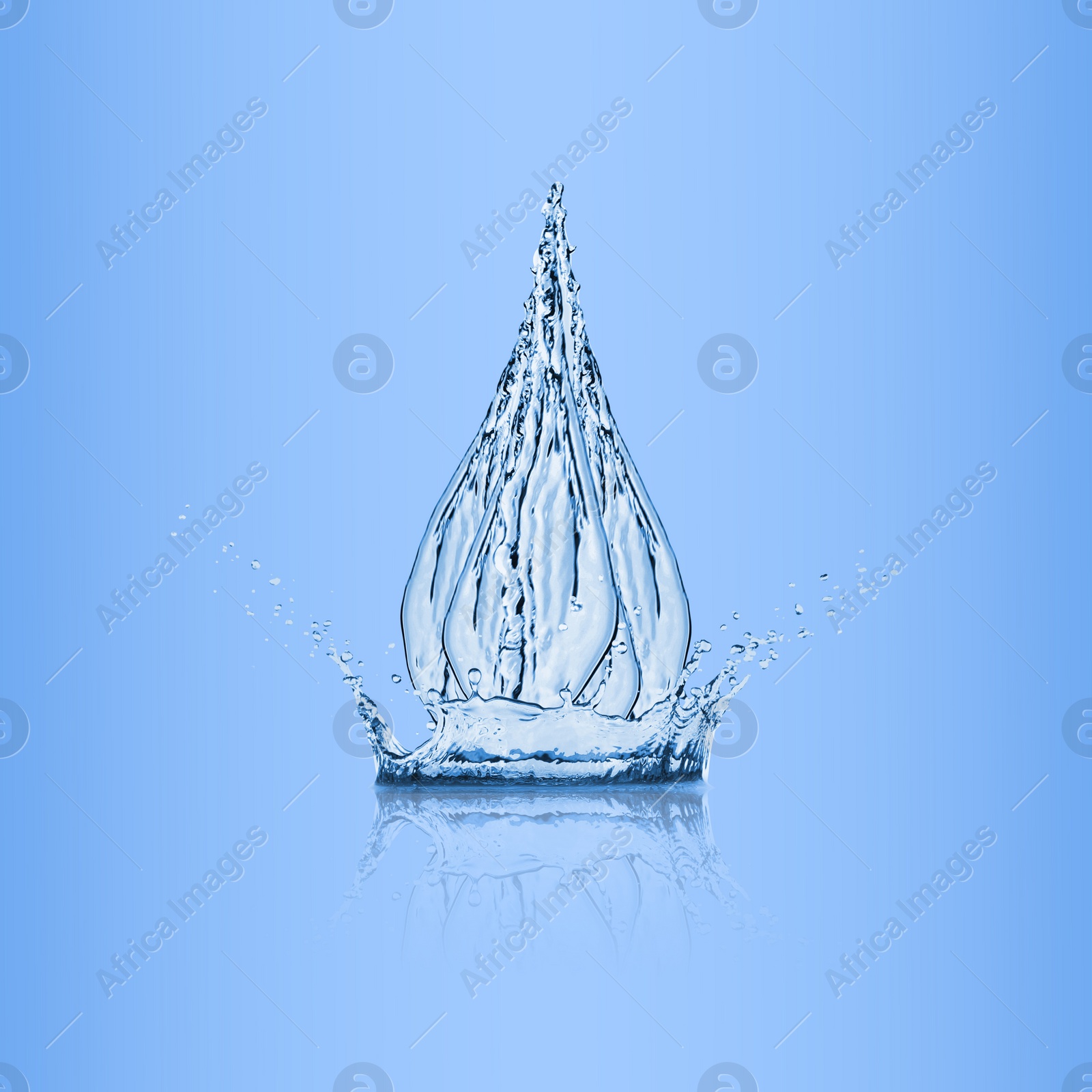 Image of Water drop falling into water on light blue background