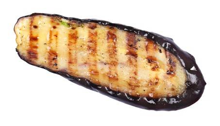 Photo of One slice of tasty grilled eggplant isolated on white