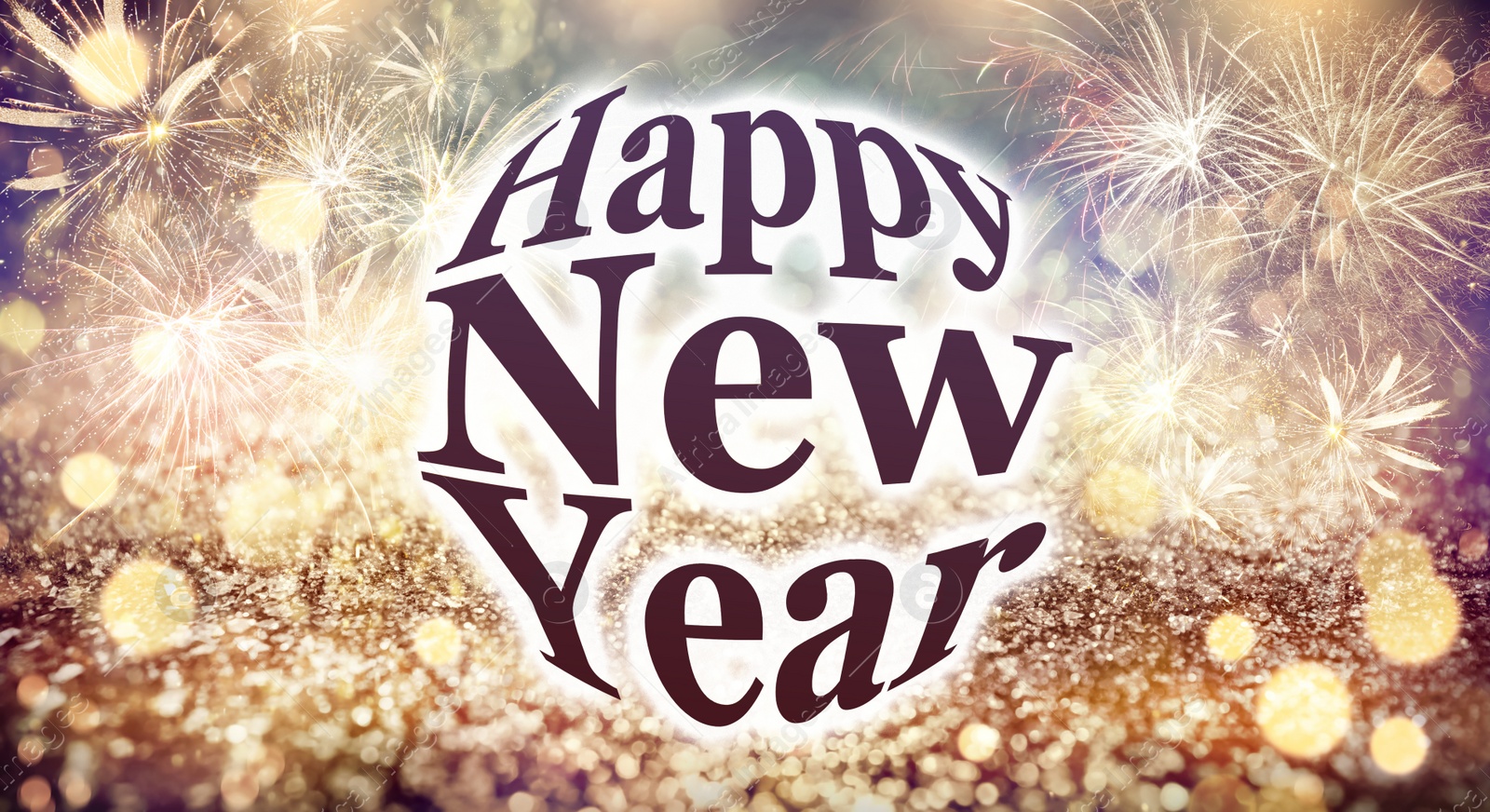 Illustration of Text Happy New Year on festive background with fireworks, bokeh effect