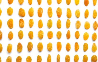 Photo of Composition with raisins on white background, top view. Dried fruit as healthy snack