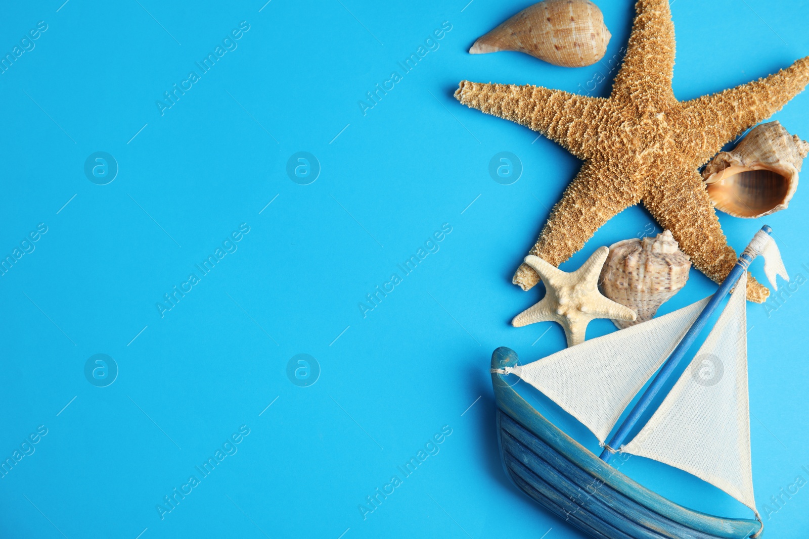 Photo of Flat lay composition with beach objects on blue background. Space for text