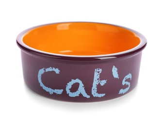 Photo of Cat bowl on white background. Pet care