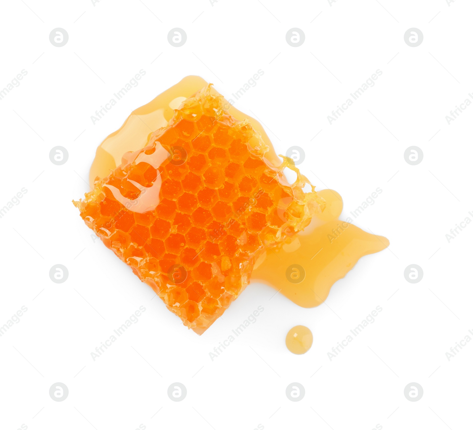 Photo of Natural honeycomb with tasty honey isolated on white, top view