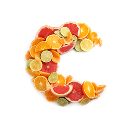 Photo of Letter C made with citrus fruits on white background as vitamin representation, top view