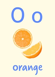 Illustration of Learning English alphabet. Card with letter O and orange, illustration
