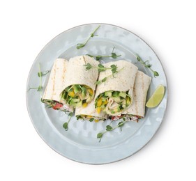 Photo of Delicious sandwich wraps with fresh vegetables and slice of lime isolated on white, top view