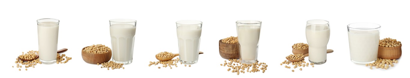 Image of Set with natural soy milk and beans on white background. Banner design