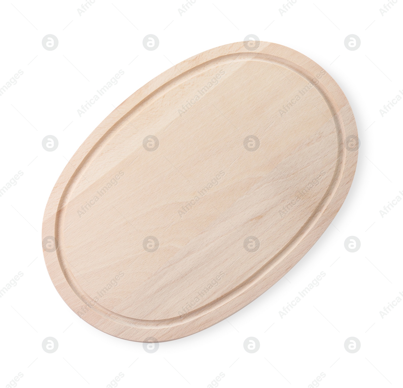 Photo of One wooden cutting board isolated on white, top view