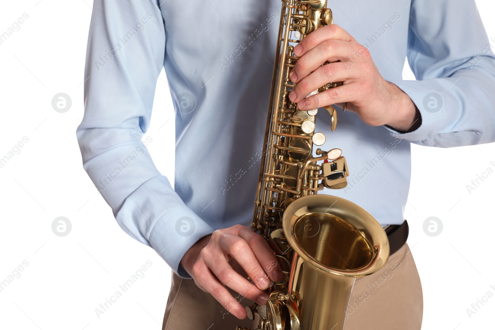 Photo of Man with saxophone on white background, closeup