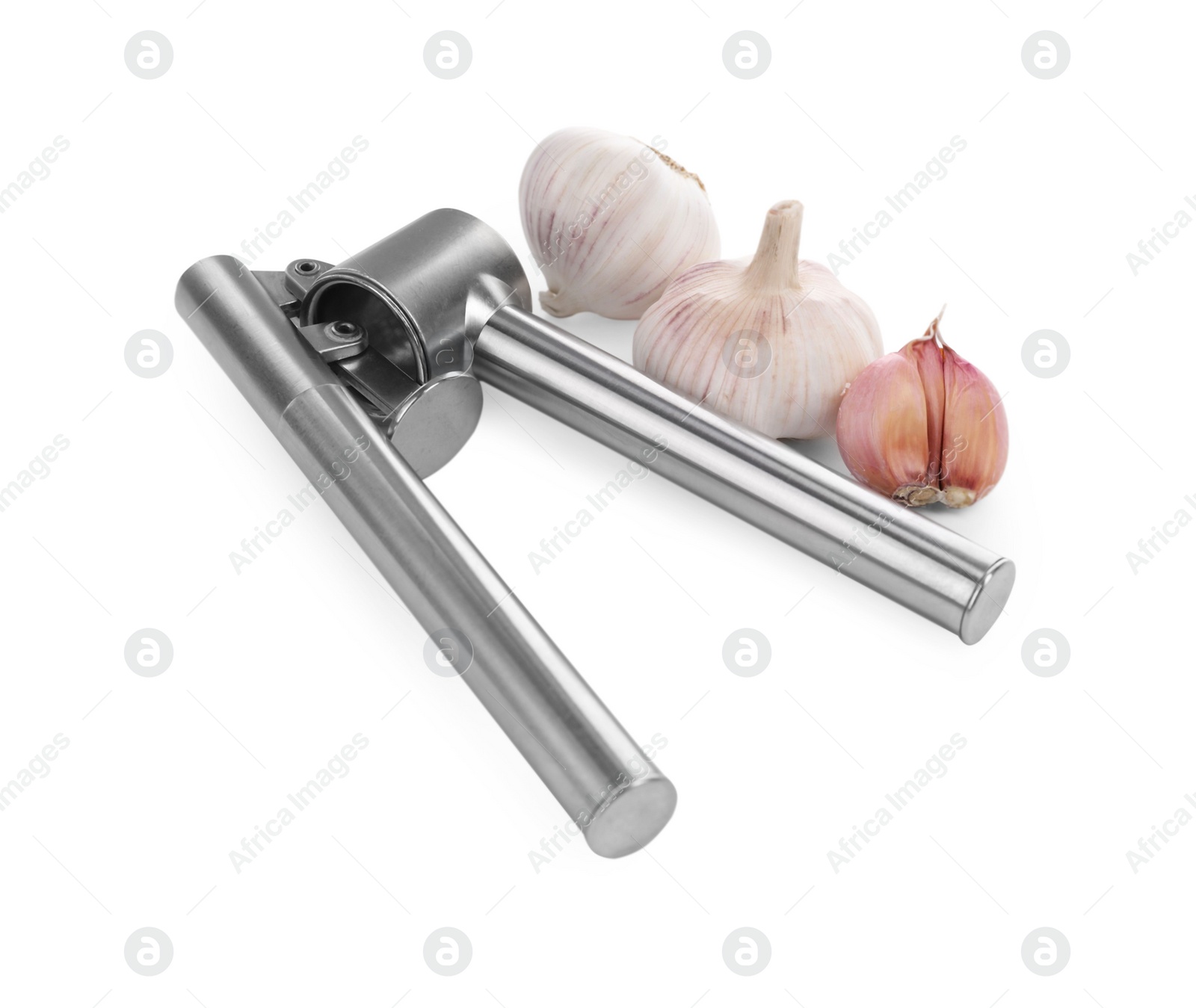 Photo of One metal press and garlic bulbs isolated on white