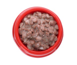 Photo of Wet pet food in red feeding bowl isolated on white, top view