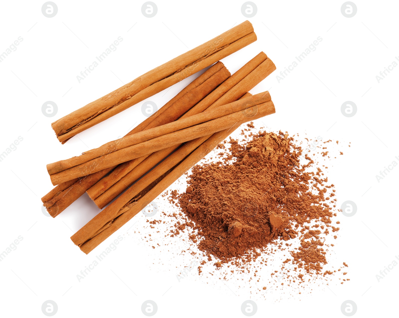 Image of Aromatic cinnamon sticks and powder on white background, top view