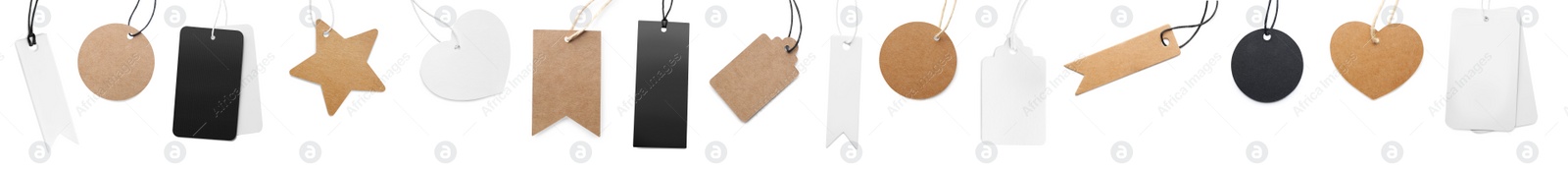 Image of Set with different blank tags on white background, top view. Banner design