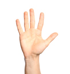 Photo of Man showing number five on white background, closeup. Sign language