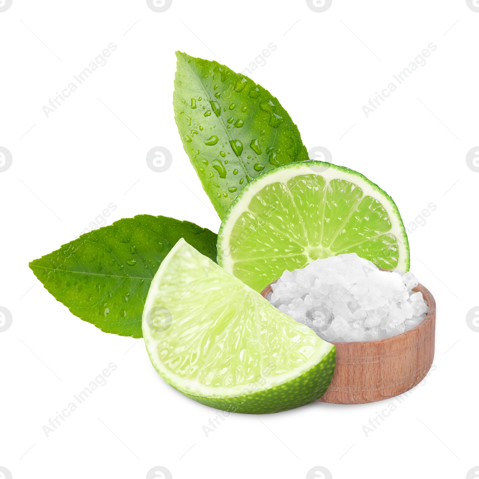 Image of Cut lime and salt isolated on white. Margarita cocktail ingredients