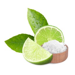 Image of Cut lime and salt isolated on white. Margarita cocktail ingredients