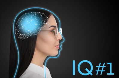 Image of Young woman and illustrated head with brain on black background. IQ test