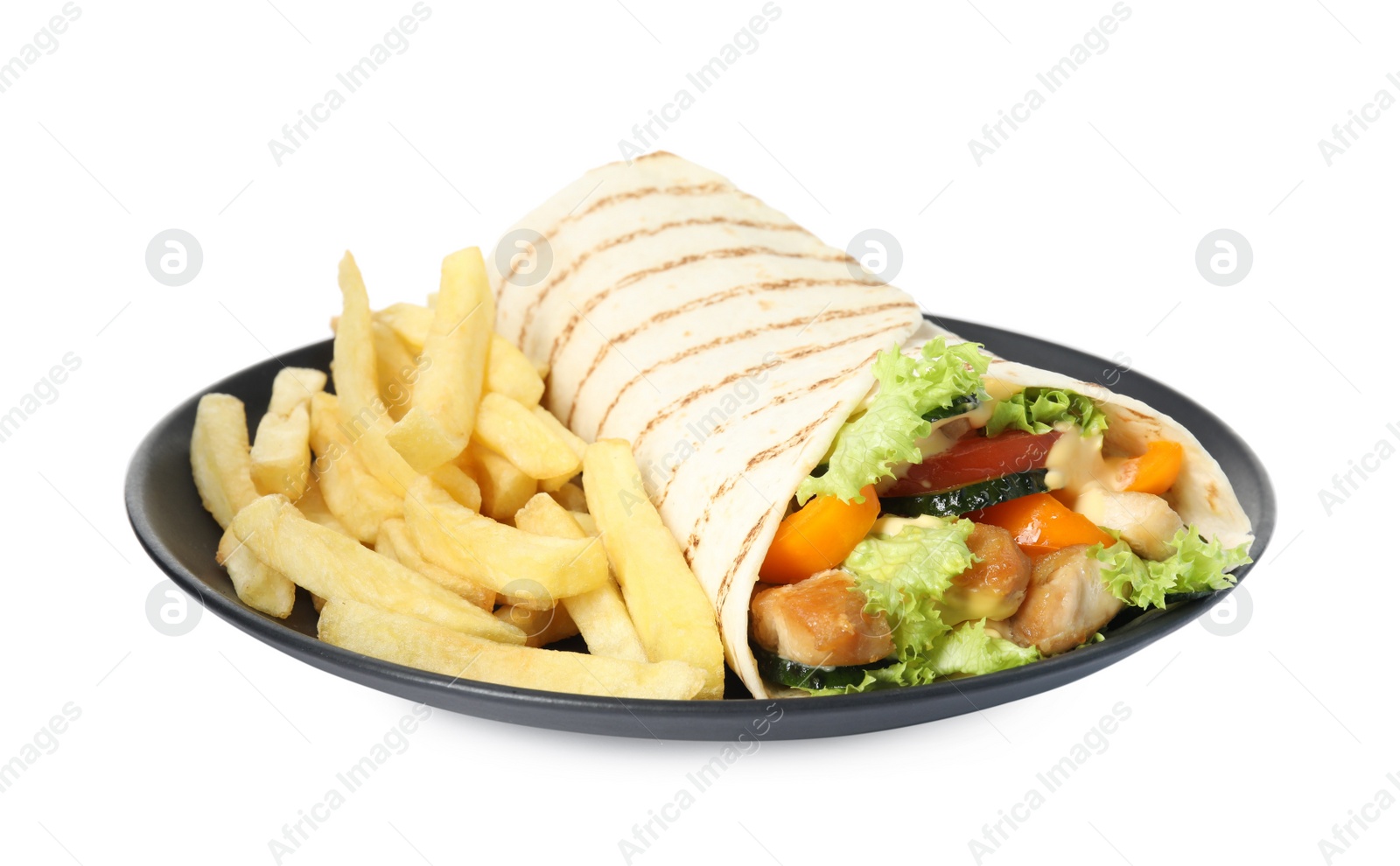 Photo of Plate with delicious chicken shawarma and French fries isolated on white