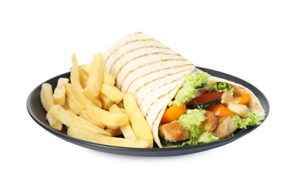 Photo of Plate with delicious chicken shawarma and French fries isolated on white