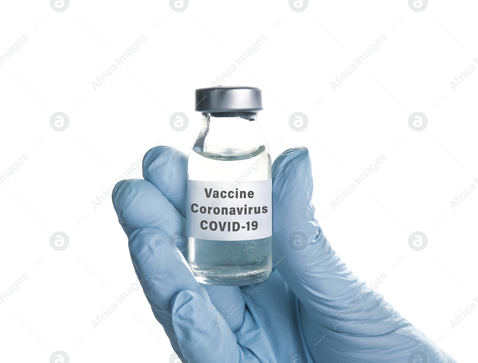 Image of Doctor holding coronavirus vaccine on white background, closeup