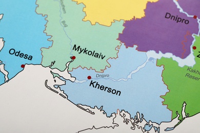 Photo of Southern region on map of Ukraine, closeup