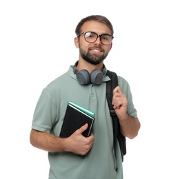 Student with headphones, backpack and books on white background