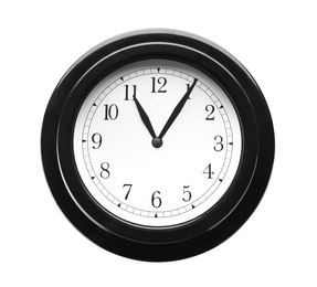 Photo of Modern clock on white background. Time management