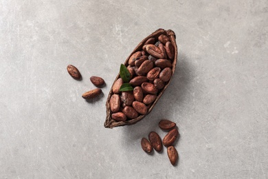 Photo of Half of cocoa pod with beans on light table, top view