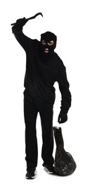 Angry thief in balaclava raising hand with crowbar on white background