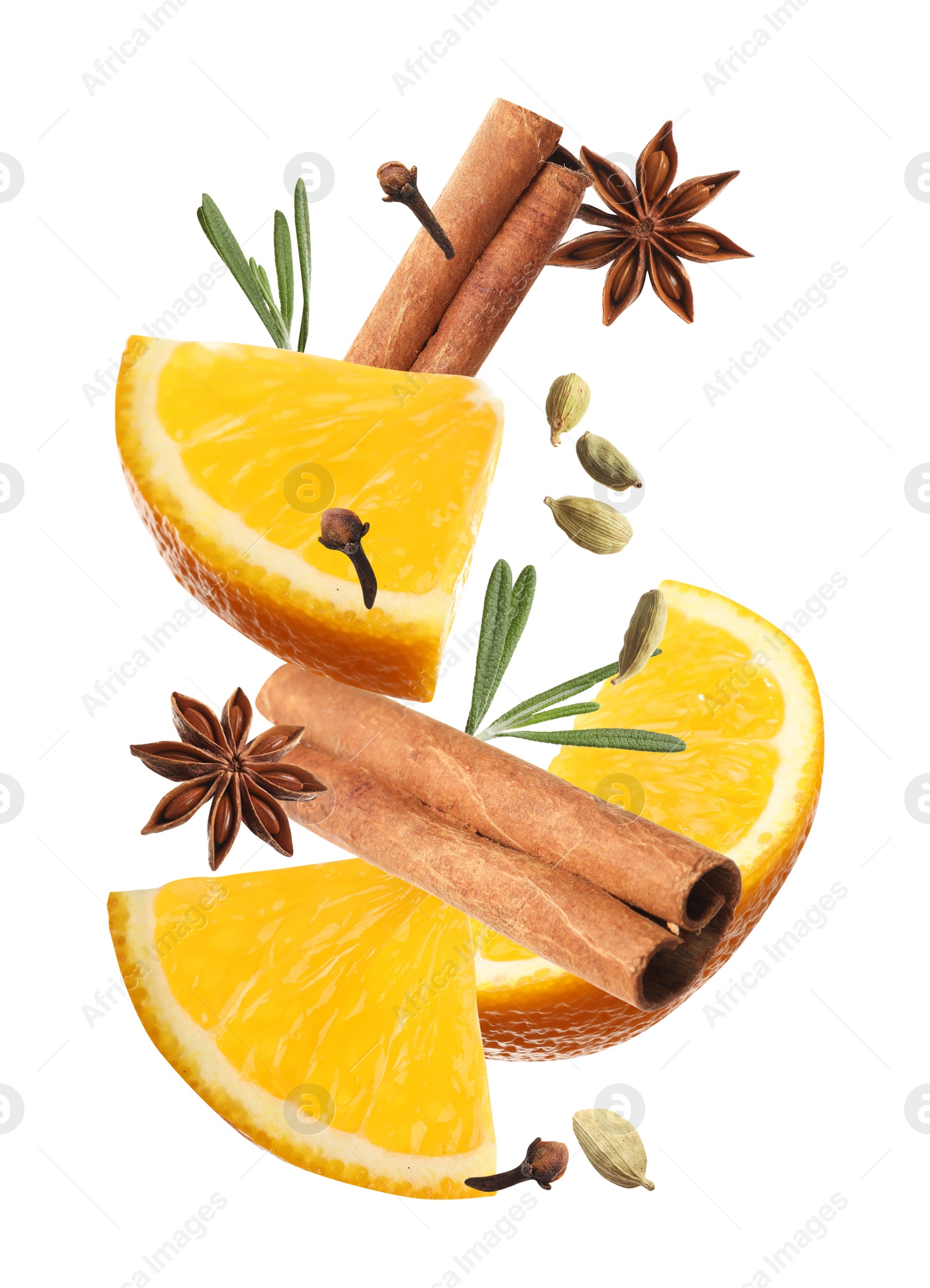 Image of Cut orange and different spices falling on white background. Mulled wine ingredients