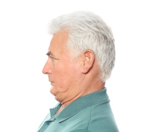 Photo of Mature man with double chin on white background